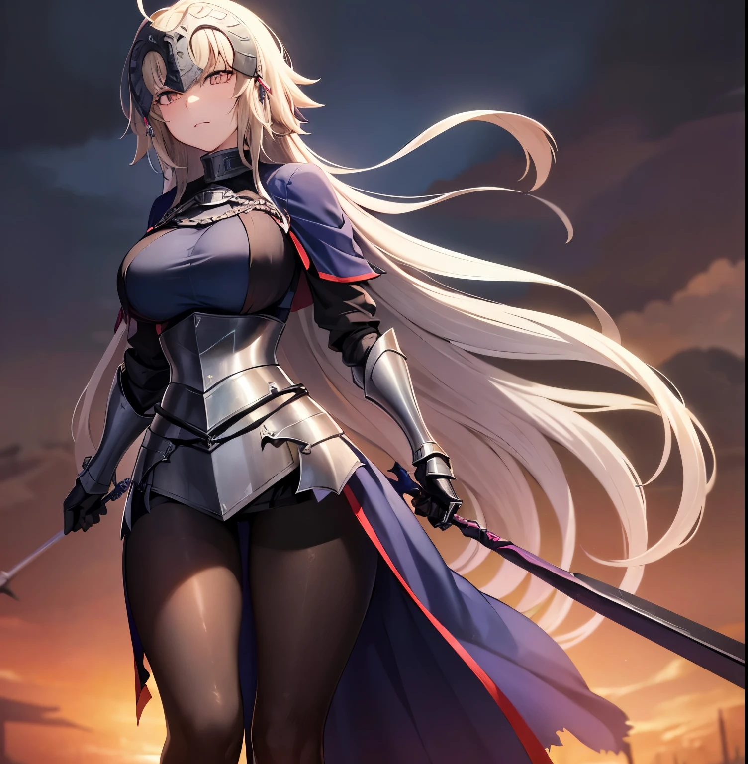 ((1girl)),((alone)),jeanne_d'arc, \( Fate\),(masterpiece), (best quality), (ultra detailed), (best illustration), (best shadow), (absurdities) , sharp focus, cowboy shot, atmospheric perspective, depth of field, dynamic posture, ((looking at viewer)), large breasts, narrow waist, wide hips, medium thighs, round butt, erotic, romantic, (highly detailed eyes, lips 1.1), highly detailed eyes, eyes, Highly detailed face, Very beautiful face, Symmetrical face, Aesthetic face, perfect face, perfect eyes, detailed eyelashes: 1.5), full height, beautiful slim figure, femininity, expressive appearance, big breasts elastics, sexuality, half-open lips, white and light skin, blonde hair, long hair, simple braid, long braid, blue cape, blue shirt, armor, armored dress, blue dress, gauntlets, armor, dress_armor, cape, dress, faulds, flag, thighs, holding, weapon, black thighs, purple eyes, long braid, sword ,curves, defined body,Perfect and beautiful body, perfect and beautiful, calm look, closed mouth,((stoic expression)),blushing,(sexy pose: 1.2), ((dolo)), standing: 1.3,((exterior , medieval landscape, green moor, trees, castle, catapults, rubble, weapons, rainy landscape, clouds,)), Looking forward ,((focus on breasts:1.4)), point of view :(from Middle), perfect anatomy, perfect hands