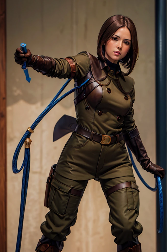 Best image quality, highest quality, Highest Resolution, Ultra-Realistic Images, Very detailed, masterpiece, 8k), One Woman, Brown medium hair, Khaki military uniform, Leather gloves, Leather boots, ((With a blue whip)), big Breasts, blush, serious look, Dynamic pose, Browsing Caution, half body, perfect face, perfect body, pants