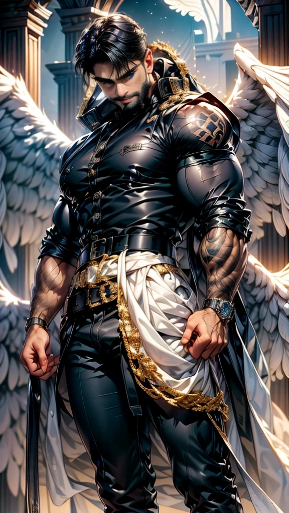 Daegan(1), male_character, detailed_face, no more characters, angel wings (symmetrical style), blue eyes (iris color), medium beard, black hair, wearing plaid shirt, chaps, belt, silver belt buckle, laughing, black jacket, red neckerchief, tattooed, arm pointing sky (body), visual harmony, epic scenery, extremely detailed CG unity 4k wallpaper, best quality, amazing quality, very aesthetic, (ethereal particles:1.1), (dynamic pose:1.2), (epic soundtrack:1.2), (sense of awe:1.1), (magical prowess:1.1), over power, power up, sphere, extreme.