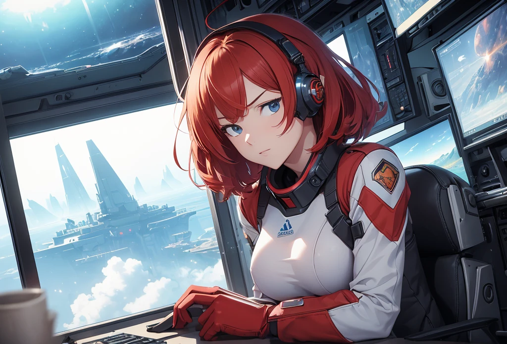 Absurd resolution, high resolution, (masterpiece: 1.4), hyper-detail, 1 young woman, short red hair, pilot suit, rich princess, sitting in an extremely narrow and closed mecha control room looking out the window, the window is the space universe can see the blue planet (1.5), the expression is excited, the mecha control room is in the universe