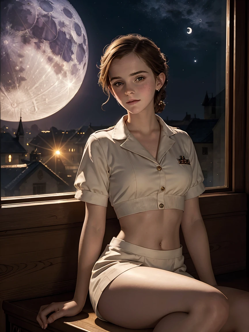 masterpiece. detailed oil painting of beautiful  emma watson as a girl nurse. freckles. braces. tight short uniform, crop top. background moon. night. dim lit. lying down resting on a wall that has intricate carvings and jewels.