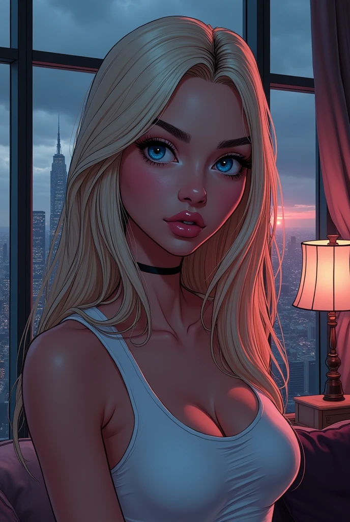anime, medium size boobs, tall white hair, skyscraper, sunset, beautiful silver eyes, sweater, seductive face, panties, blushing brightly, high resolution, 8K, curly hair, smiling