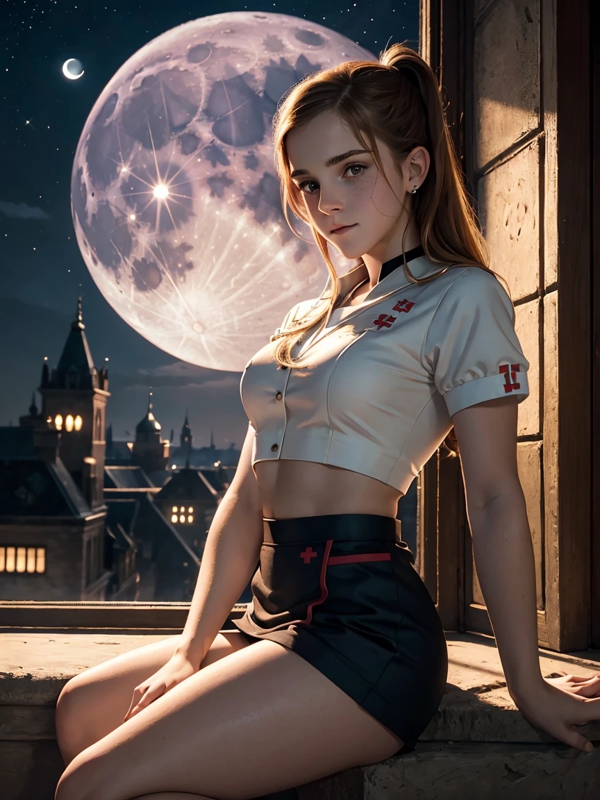 masterpiece. detailed oil painting of beautiful teen emma watson as a girl nurse. freckles. tight white latex short uniform, crop top. background moon. night. dim lit. leaning on a wall that has intricate carvings and jewels. from the back, looking back.