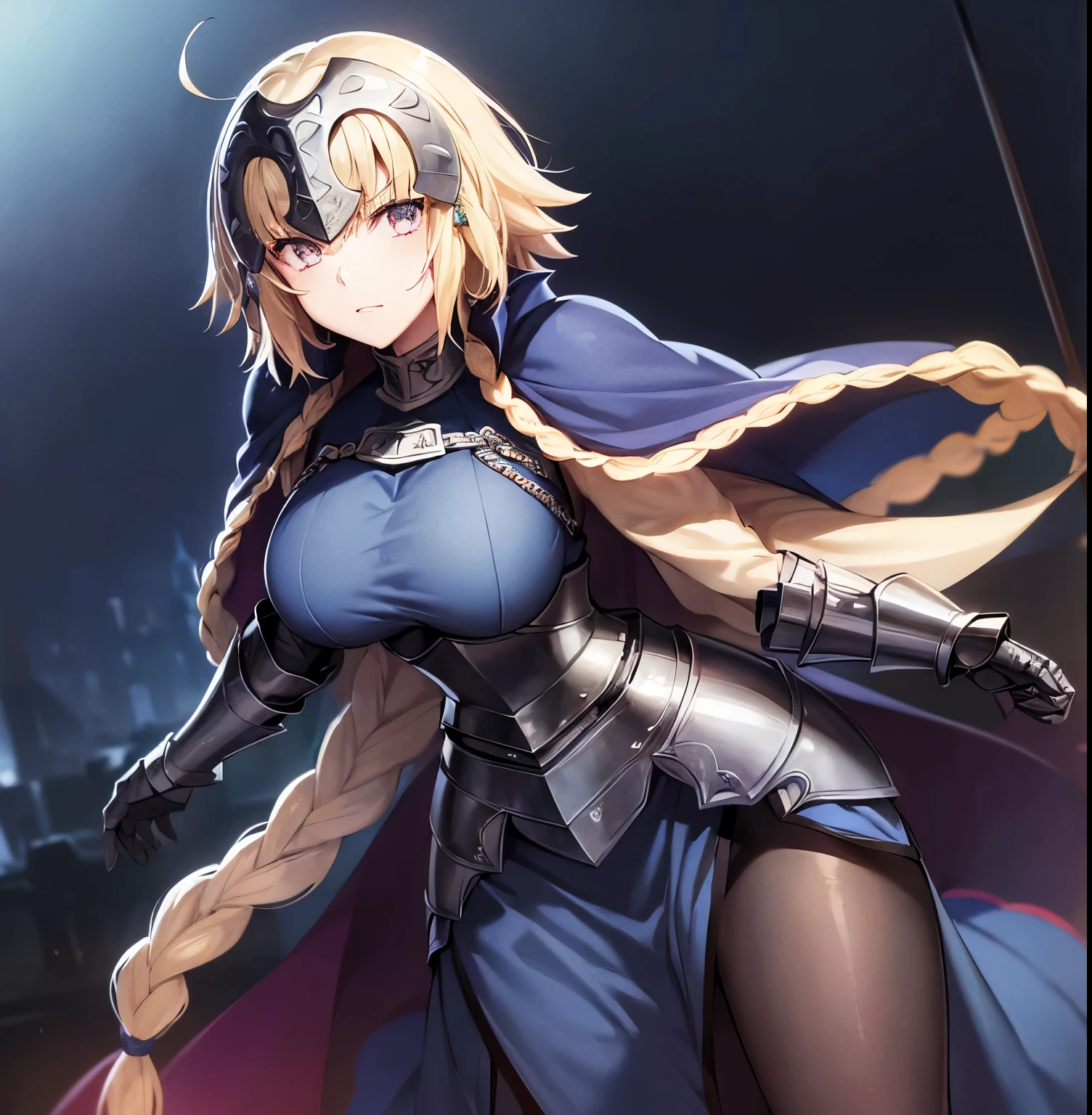 ((1girl)),((alone)),jeanne_d'arc, \( Fate\),(masterpiece), (best quality), (ultra detailed), (best illustration), (best shadow), (absurdities) , sharp focus, cowboy shot, atmospheric perspective, depth of field, dynamic posture, ((looking at viewer)), large breasts, narrow waist, wide hips, medium thighs, round butt, erotic, romantic, (highly detailed eyes, lips 1.1), highly detailed eyes, eyes, Highly detailed face, Very beautiful face, Symmetrical face, Aesthetic face, perfect face, perfect eyes, detailed eyelashes: 1.5), full height, beautiful slim figure, femininity, expressive appearance, big breasts elastics, sexuality, parted lips, white and light skin, ((blond hair: 1.4)), ((long hair)), simple braid, ((long braid: 1.3)), ((blue cape: 1.2)),( (blue shirt:1.3)), armor, ((armored dress:1.4)), blue dress, ((gauntlets:1.2)),armor, dress_armor, cloak, dress, faulds, flag, thighs, holding, weapon, (( black thighs)), ((purple eyes:1.2)), long braid, sword ,curves, defined body,Perfect and beautiful body, perfect and beautiful, calm look, closed mouth,((stoic expression)),blushing,(sexy pose: 1.2), ((solo)), standing: 1.3,((exterior , medieval landscape,green moor,trees,castle,catapults,medieval battlefield,debris,weapons,rainy landscape,clouds,)), Looking forward,((focus on thighs:1.4)), point of view : (from below), perfect anatomy, perfect hands