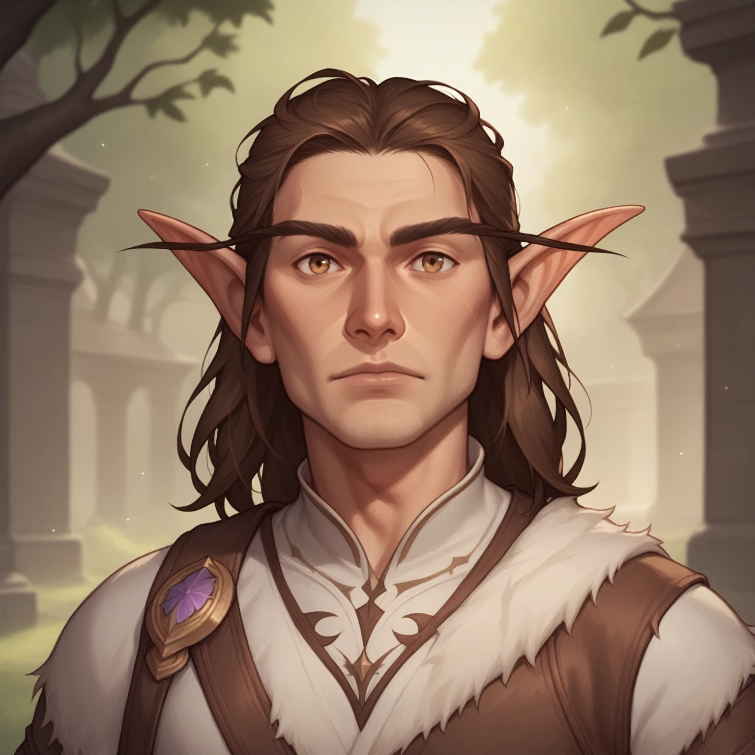 (((handsome, high quality, comics style, detailed face))), score_9, score_8_up, score_7_up, BREAK, bust shoot view, solo, A 40 years old man:1.1, male elf, long brown hair, wide neck, pointed ears, druid warrior, fur clothes, (upper body:1.1), contempt expression, tundra, fantasy outside, blurred background, Expressiveh, detailxl