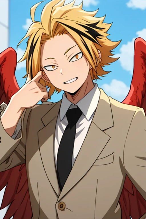 masterpiece, best quality, high quality, 1boy, solo, male focus, looking at viewer, upper body, kaminari_denki, blonde hair, multicolored_hair, falcon wings, young