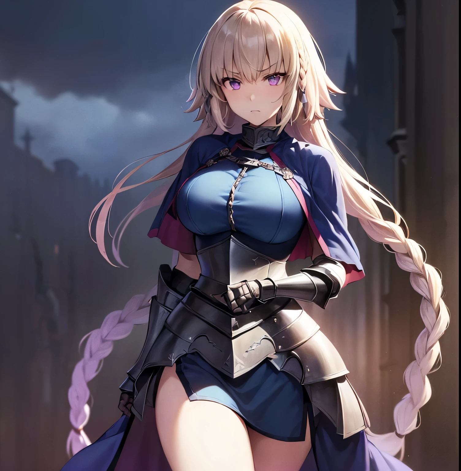 ((1girl)),((alone)),jeanne_d'arc, \( Fate\),(masterpiece), (best quality), (ultra detailed), (best illustration), (best shadow), (absurdities) , sharp focus, cowboy shot, atmospheric perspective, depth of field, dynamic posture, ((looking at viewer)), large breasts, narrow waist, wide hips, medium thighs, round butt, erotic, romantic, (highly detailed eyes, lips 1.1), highly detailed eyes, eyes, Highly detailed face, Very beautiful face, Symmetrical face, Aesthetic face, perfect face, perfect eyes, detailed eyelashes: 1.5), full height, beautiful slim figure, femininity, expressive appearance, big breasts elastics, sexuality, parted lips, white and light skin, ((blond hair: 1.4)), ((long hair)), simple braid, ((long braid: 1.3)), ((blue cape: 1.2)),( (blue shirt:1.3)), armor, ((armored dress:1.4)), blue dress, ((gauntlets:1.2)),armor, dress_armor, cloak, dress, faulds, flag, thighs, holding, weapon, (( black thighs)), ((purple eyes:1.4)), long braid, sword ,curves, defined body,Perfect and beautiful body, perfect and beautiful, calm look, closed mouth,((stoic expression)),blushing,(sexy pose: 1.2), ((solo)), standing: 1.3,((exterior , medieval landscape,green moor,trees, castle,catapults,medieval battlefield,debris,weapons,rainy landscape,clouds,)), Looking forward,((focus on hips:1.4)), point of view : (from below), perfect anatomy, perfect hands