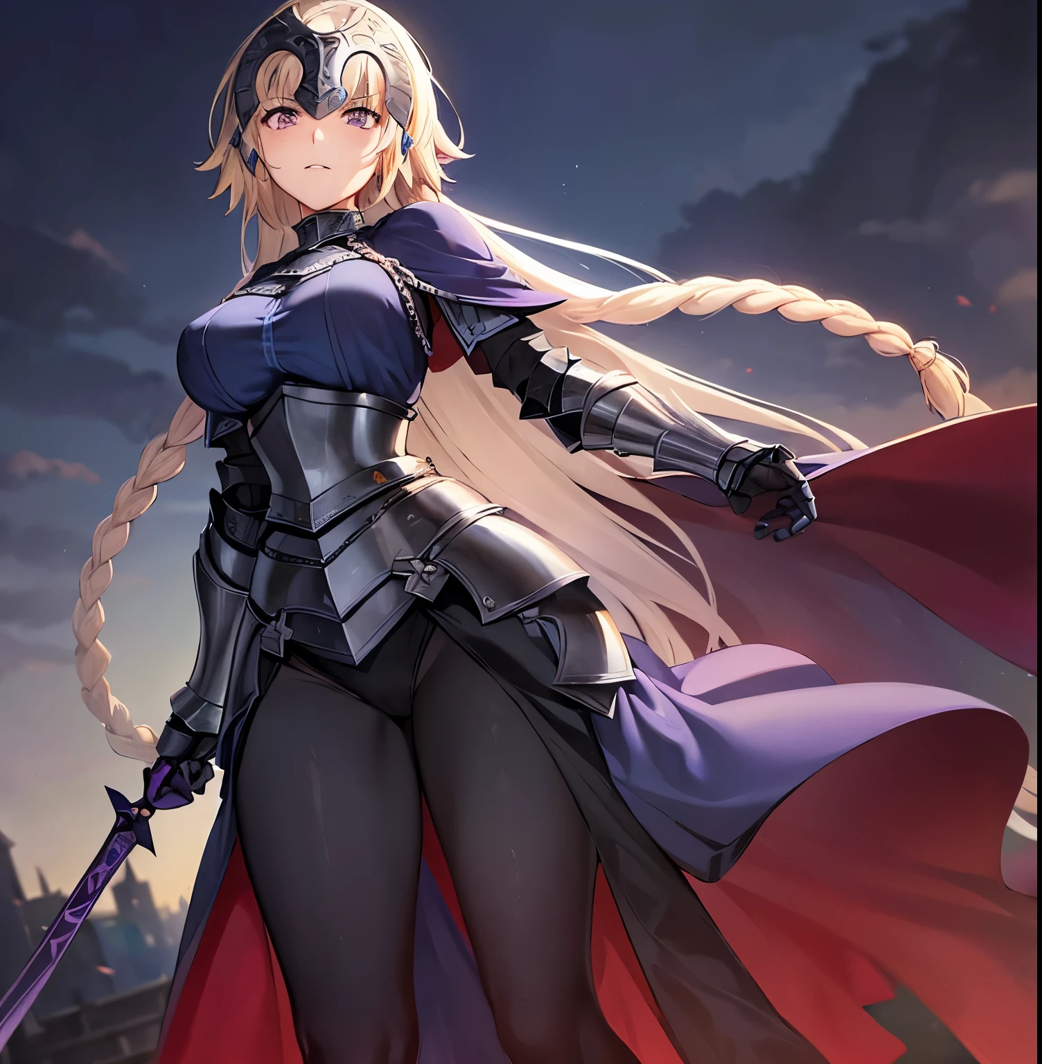 ((1girl)),((alone)),jeanne_d'arc, \( Fate\),(masterpiece), (best quality), (ultra detailed), (best illustration), (best shadow), (absurdities) , sharp focus, cowboy shot, atmospheric perspective, depth of field, dynamic posture, ((looking at viewer)), large breasts, narrow waist, wide hips, medium thighs, round butt, erotic, romantic, (highly detailed eyes, lips 1.1), highly detailed eyes, eyes, Highly detailed face, Very beautiful face, Symmetrical face, Aesthetic face, perfect face, perfect eyes, detailed eyelashes: 1.5), full height, beautiful slim figure, femininity, expressive appearance, big breasts elastics, sexuality, parted lips, white and light skin, ((blond hair: 1.4)), ((long hair)), simple braid, ((long braid: 1.3)), ((blue cape: 1.2)),( (blue shirt:1.3)), armor, ((armored dress:1.4)), blue dress, ((gauntlets:1.2)),armor, dress_armor, cloak, dress, faulds, flag, thighs, holding, weapon, (( black thighs)), ((purple eyes:1.4)), long braid, sword ,curves, defined body,Perfect and beautiful body, perfect and beautiful, calm look, closed mouth,((stoic expression)),blushing,(sexy pose: 1.2), ((solo)), standing: 1.3,((exterior , medieval landscape,green moor,trees,castle,catapults,medieval battlefield,debris,weapons,rainy landscape,clouds,)), Looking forward,((focus on crotch:1.4)), point of view : (from below), perfect anatomy, perfect hands