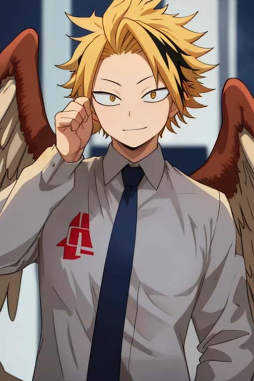 masterpiece, best quality, high quality, 1boy, solo, male focus, looking at viewer, upper body, kaminari_denki, blonde hair, multicolored_hair, falcon wings, young