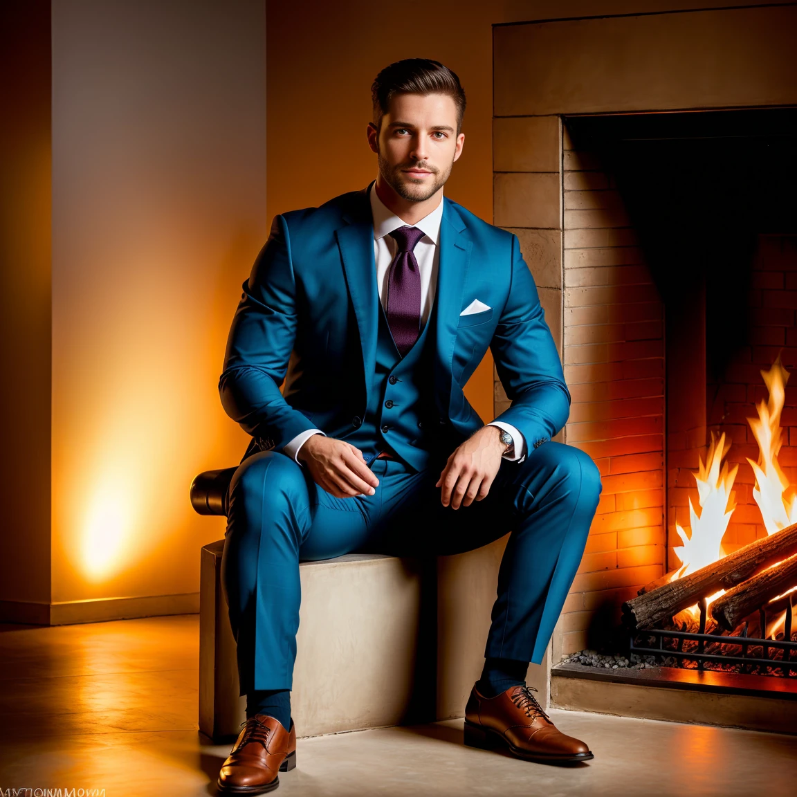 1man, A full body shot of a charismatic male fitness model, 30 years old，small beard, Sexy and charming expression，gloomy eyes，Blue eyes, captured sitting by a fireplace and smiling slightly, wearing business suit, warm natural lighting, cinematic and moody, (best quality,4k,8k,highres,masterpiece:1.2),ultra-detailed,(realistic,photorealistic,photo-realistic:1.37),HDR,studio lighting,professional,vivid colors,dramatic lighting