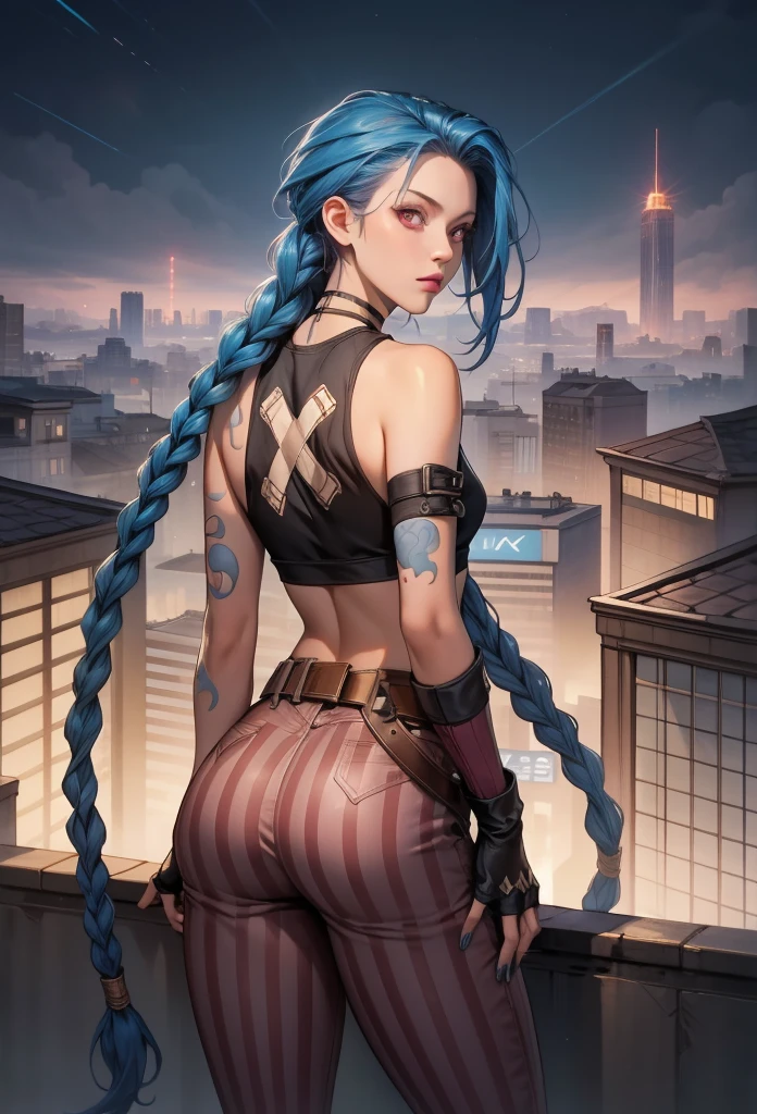 perfect eyes:1.2, detailed eyes:1.4, JinxLol, serious, arcane, jinx, pink eyes, long hair, twin braids, bare shoulders, choker, crop top, fingerless gloves, detached sleeves, single sleeve, belt, nail polish, tattoo, bandaid on leg, pants, striped, cowboy shot, 1girl, solo, (masterpiece:1.6, best quality), 8k, insane details, intricate details, hyperdetailed, hyper quality, high detail, ultra detailed, professional, HDR, ray tracing reflection, cinematic lighting,