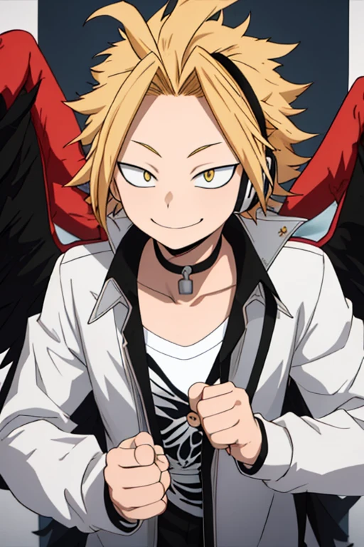 masterpiece, best quality, high Quality, 1boy, Alone, male focus, looking at viewer, upper body, kaminari_thank you, blonde hair, multicoloreD_hair, falcon wings, young rompts
Copiar prompts
kaminari thank you\(Boku no Hero Academia\), 1 child, Alone, From above, looking at the viewer, male approach, blows, short hair, blonde hair, multicoloured hair, spiky hair, yellow eyes, smile, Headphones, antenna, choker, long sleeves, White shirt, open clothing, day, Open jacket, black jacket, black pants, fingers of peace, electricity