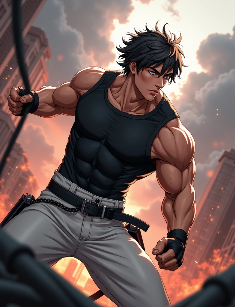 A man with 6 pack toned body with daggers in both hands , powerup scene
Anime type