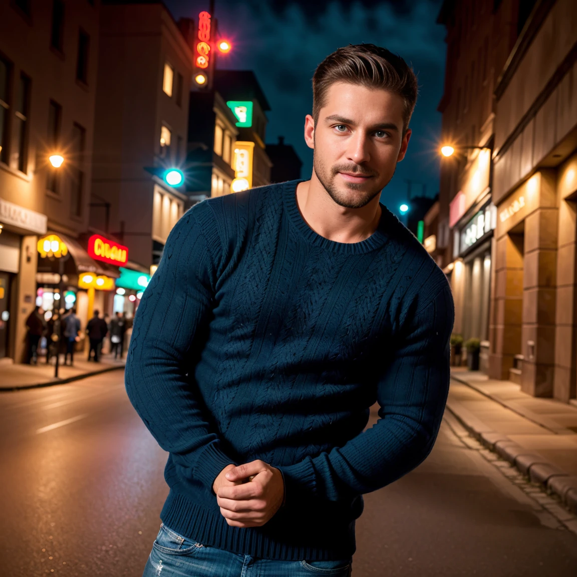 1man, RAW photo, portrait of a charismatic male fitness model, 30 years old，small beard, Sexy and charming expression，gloomy eyes，Blue eyes, captured laughing in a street at night, wearing a dark blue sweater, night city lighting, cinematic and moody, (best quality,4k,8k,highres,masterpiece:1.2),ultra-detailed,(realistic,photorealistic,photo-realistic:1.37),HDR,studio lighting,professional,vivid colors,dramatic lighting