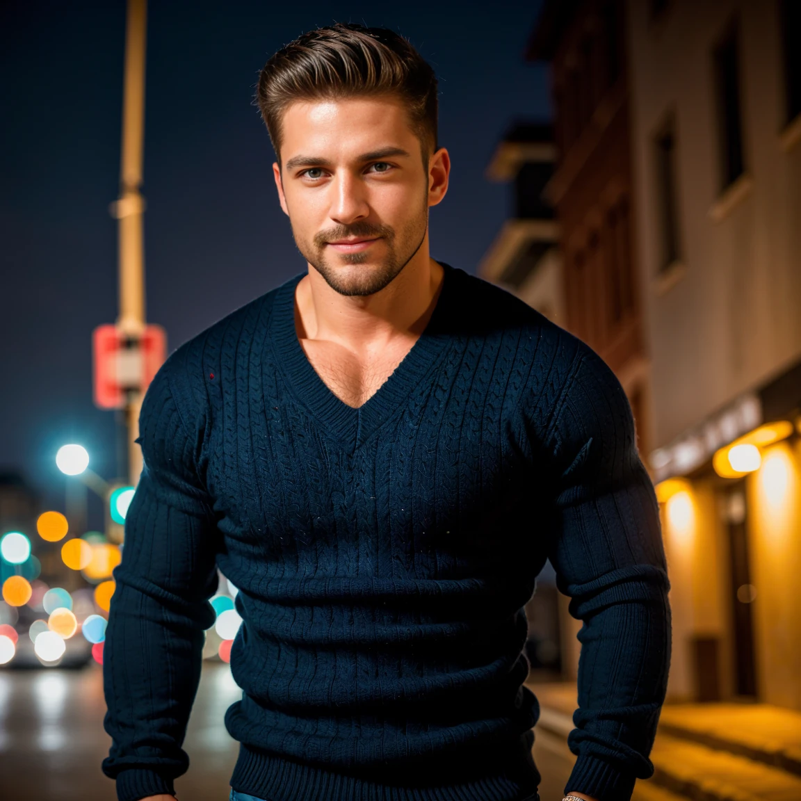 1man, RAW photo, portrait of a charismatic male fitness model, 30 years old，small beard, Sexy and charming expression，gloomy eyes，Blue eyes, captured laughing in a street at night, wearing a dark blue sweater, night city lighting, cinematic and moody, (best quality,4k,8k,highres,masterpiece:1.2),ultra-detailed,(realistic,photorealistic,photo-realistic:1.37),HDR,studio lighting,professional,vivid colors,dramatic lighting