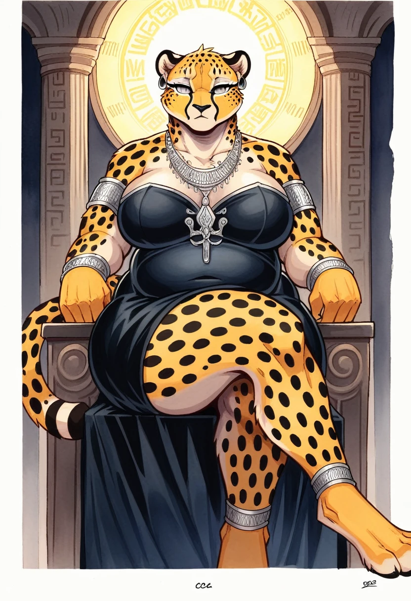 cover page, highres, top quality, best quality, paid reward available, unparalleled masterpiece, perfect artwork, absurdres, High-quality illustrations, watercolor, soft color, big Height, perfect anatomy, smile, sexy, Female cheetah, fat, fat belly, fat thighs, fat arms, lovehandles, big breasts, silver eyes, golden yellow fur, black cheetah markings, black dress, silver earrings, silver bracelets, silver rings, silver necklaces, tarot golden frame, throne, Egypt, goddess of fortune