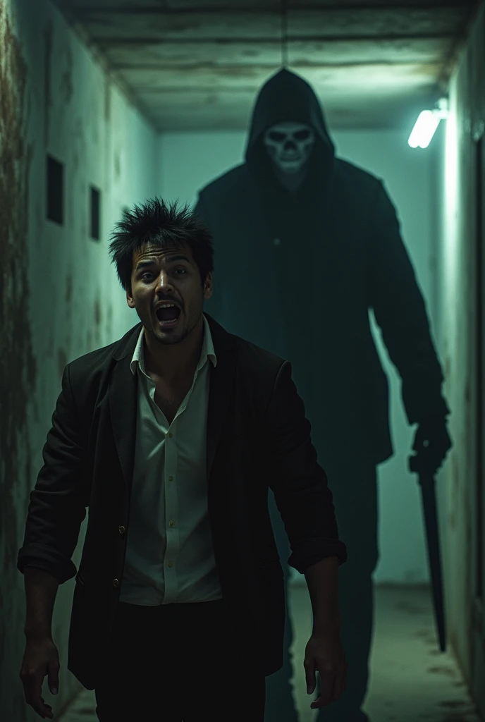 A terrified prisoner gripping a walkie-talkie in his trembling hand, his face contorted in fear. Behind him, a massive, grotesque horror looms, its monstrous form partially obscured by thick shadows. The walls of the prison cell are smeared with blood and grime, adding to the overwhelming sense of dread. The atmosphere is dark, gloomy, and filled with a creeping sense of terror. Style: horror, creepy, nasty. The scene is drenched in deep reds and blacks, with harsh lighting that accentuates the blood and terror. High detail and resolution