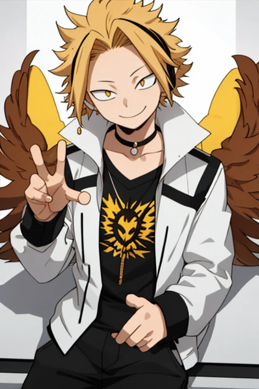 masterpiece, best quality, high Quality, 1boy, Alone, male focus, looking at viewer, upper body, kaminari_thank you, blonde hair, multicoloreD_hair, falcon wings, young rompts
Copiar prompts
kaminari thank you\(Boku no Hero Academia\), 1 child, Alone, From above, looking at the viewer, male approach, blows, short hair, blonde hair, multicoloured hair, spiky hair, yellow eyes, smile, Headphones, antenna, choker, long sleeves, White shirt, open clothing, day, Open jacket, black jacket, black pants, fingers of peace, electricity