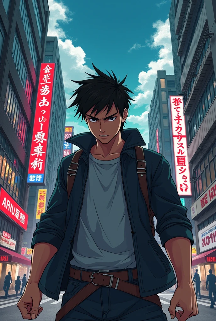 (high quality, 8k, 4K, high contrast, artwork:1.2, high quality, best aesthetics), (centered), ((1 Man)), strong male body, muscular athletic body, super detailed, beautiful face detailed, beautiful eyes detailed, detailed beautiful mouth, (tall man), (long straight black hair), (hair bun), (thin eyes), (black pupils), (calm expression), (shirtless), (black shorts)), (standing), (front view), (looking at viewer), (inside an apartment)