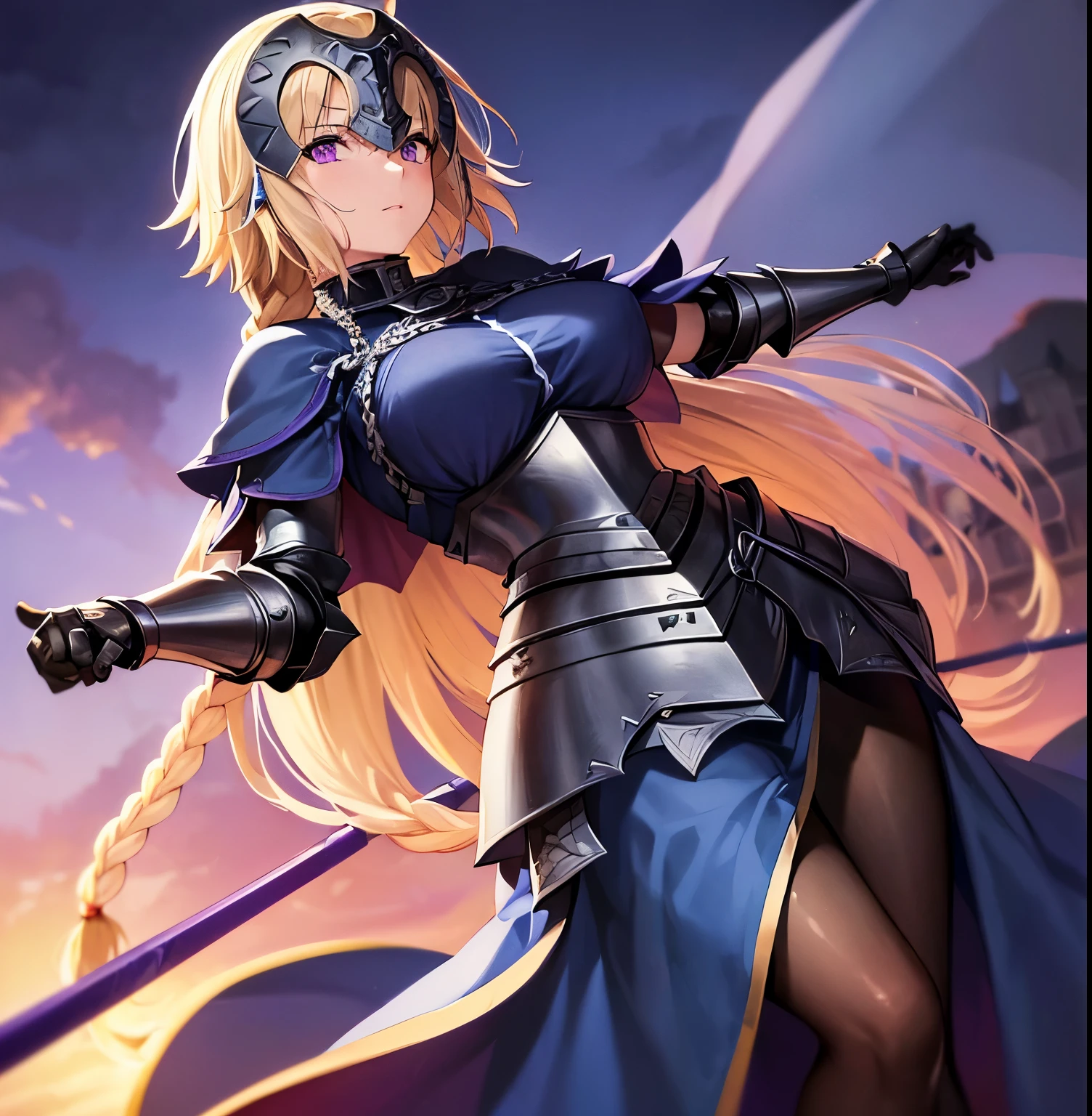 ((1girl)),((alone)),jeanne_d'arc, \( Fate\),(masterpiece), (best quality), (ultra detailed), (best illustration), (best shadow), (absurdities) , sharp focus, cowboy shot, atmospheric perspective, depth of field, dynamic posture, ((looking at viewer)), large breasts, narrow waist, wide hips, medium thighs, round butt, erotic, romantic, (highly detailed eyes, lips 1.1), highly detailed eyes, eyes, Highly detailed face, Very beautiful face, Symmetrical face, Aesthetic face, perfect face, perfect eyes, detailed eyelashes: 1.5), full height, beautiful slim figure, femininity, expressive appearance, big breasts elastics, sexuality, parted lips, white and light skin, ((blond hair: 1.4)), ((long hair)), simple braid, ((long braid: 1.3)), ((blue cape: 1.2)),( (blue shirt:1.3)), armor, ((armored dress:1.4)), blue dress, ((gauntlets:1.2)),armor, dress_armor, cloak, dress, faulds, flag, thighs, holding, weapon, (( black thighs)), ((purple eyes:1.4)), long braid, sword ,curves, defined body,Perfect and beautiful body, perfect and beautiful, calm look, closed mouth,((stoic expression)),blushing,(sexy pose: 1.2), ((solo)), standing: 1.3,((exterior , medieval landscape,green moor,trees,castle,catapults,medieval battlefield,debris,weapons,rainy landscape,clouds,)), Looking forward,((focus on waist :1.4)), point of view : (from below), perfect anatomy, perfect hands