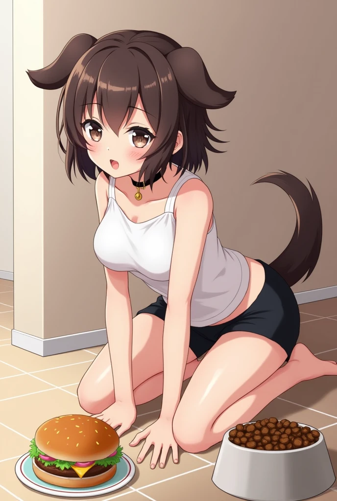 indoors, 1girl, breasts, smile, short hair, open mouth, bangs, large breasts, simple background, brown hair, 1boy, animal ears, cleavage, brown eyes, jewelry, tail, swimsuit, hetero, earrings, penis, solo focus, cat ears, dark skin, blunt bangs, necklace, high heels, cat tail, one-piece swimsuit, uncensored, fangs, blush stickers, erection, testicles, bob cut, cat girl, all fours, drooling, furry, veins, furry female, veiny penis, pink footwear, interspecies, disembodied penis, pearl necklace, penis awe, furry with non-furry, looking at penis, green one-piece swimsuit