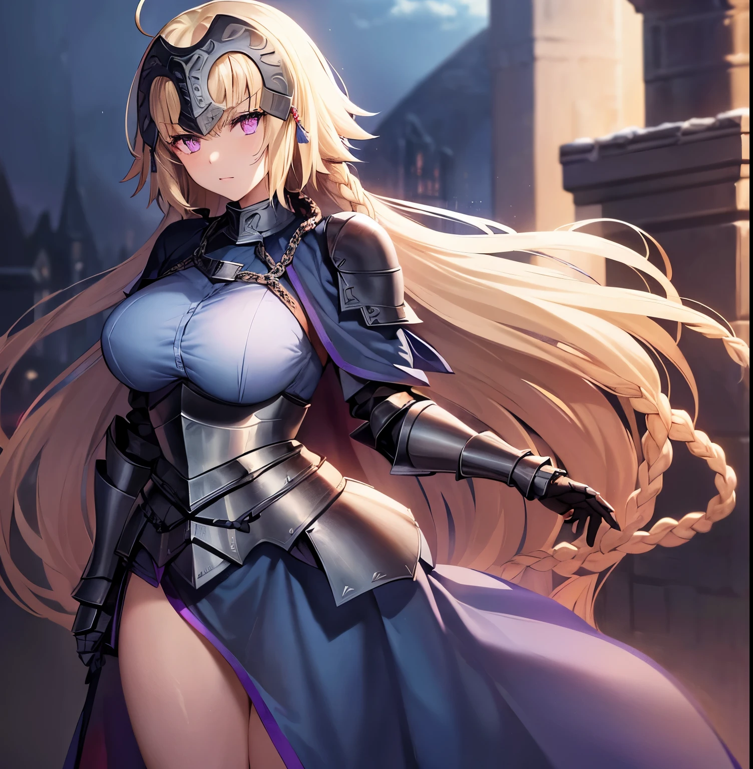 ((1girl)),((alone)),jeanne_d'arc, \( Fate\),(masterpiece), (best quality), (ultra detailed), (best illustration), (best shadow), (absurdities) , sharp focus, cowboy shot, atmospheric perspective, depth of field, dynamic posture, ((looking at viewer)), large breasts, narrow waist, wide hips, medium thighs, round butt, erotic, romantic, (highly detailed eyes, lips 1.1), highly detailed eyes, eyes, Highly detailed face, Very beautiful face, Symmetrical face, Aesthetic face, perfect face, perfect eyes, detailed eyelashes: 1.5), full height, beautiful slim figure, femininity, expressive appearance, big breasts elastics, sexuality, parted lips, white and light skin, ((blond hair: 1.4)), ((long hair)), simple braid, ((long braid: 1.3)), ((blue cape: 1.2)),( (blue shirt:1.3)), armor, ((armored dress:1.4)), blue dress, ((gauntlets:1.2)),armor, dress_armor, cloak, dress, faulds, flag, thighs, holding, weapon, (( black thighs)), ((purple eyes:1.4)), long braid, sword ,curves, defined body,Perfect and beautiful body, perfect and beautiful, calm look, closed mouth,((stoic expression)),blushing,(sexy pose: 1.2), ((solo)), standing: 1.3,((exterior , medieval landscape,green wasteland,trees, castle,catapults, medieval battlefield,debris,weapons,rainy landscape,clouds,)), Looking back,from behind,((focus on ass :1.4)), point of view: (from below), perfect anatomy, perfect hands