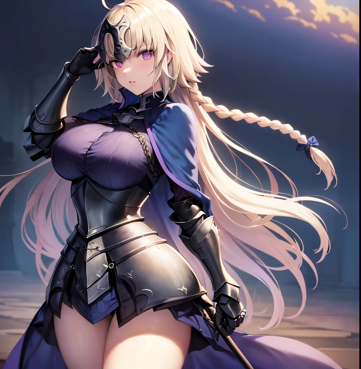 ((1girl)),((alone)),jeanne_d'arc, \( Fate\),(masterpiece), (best quality), (ultra detailed), (best illustration), (best shadow), (absurdities) , sharp focus, cowboy shot, atmospheric perspective, depth of field, dynamic posture, ((looking at viewer)), large breasts, narrow waist, wide hips, medium thighs, round butt, erotic, romantic, (highly detailed eyes, lips 1.1), highly detailed eyes, eyes, Highly detailed face, Very beautiful face, Symmetrical face, Aesthetic face, perfect face, perfect eyes, detailed eyelashes: 1.5), full height, beautiful slim figure, femininity, expressive appearance, big breasts elastics, sexuality, parted lips, white and light skin, ((blond hair: 1.4)), ((long hair)), simple braid, ((long braid: 1.3)), ((blue cape: 1.2)),( (blue shirt:1.3)), armor, ((armored dress:1.4)), blue dress, ((gauntlets:1.2)),armor, dress_armor, cloak, dress, faulds, flag, thighs, holding, weapon, (( black thighs)), ((purple eyes:1.4)), long braid, sword ,curves, defined body,Perfect and beautiful body, perfect and beautiful, calm look, closed mouth,((stoic expression)),blushing,(sexy pose: 1.2), ((solo)), standing: 1.3,((exterior , medieval landscape,green wasteland,trees, castle,catapults, medieval battlefield,debris,weapons,rainy landscape,clouds,)), Looking back,from behind,((focus on ass :1.4)), point of view: (from below), perfect anatomy, perfect hands