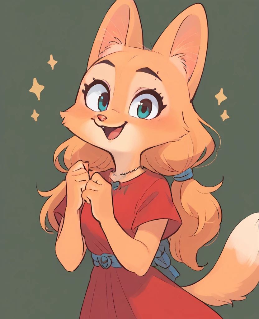 little fox, kid girlfox, with hair, blonde hair, long hair, ginger fur, blue eyes, cute kid, alone, face similar to Diane Foxington, kid, red dress, open mounth, happy, alone