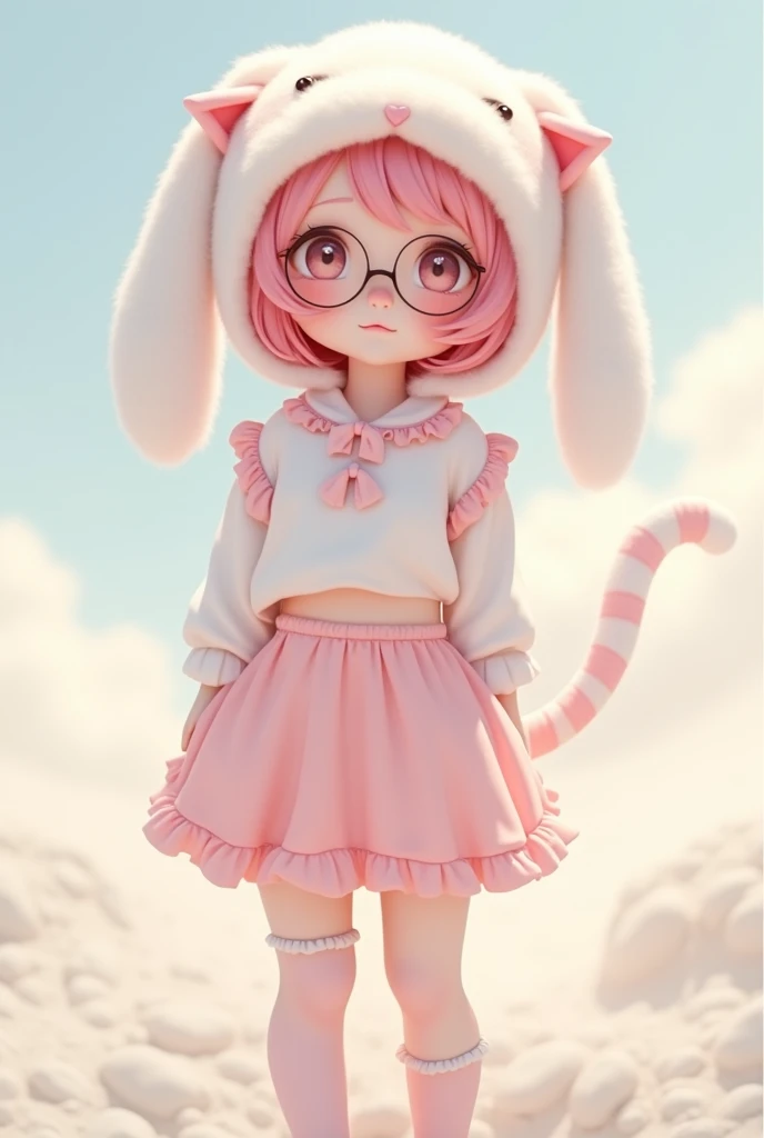 "IMVU, pink hair, pink heart eyes, white round glasses, pale skin, white and pink cow ears, white horns with pink bows, fuzzy white jacket with pink spots, pink cowbell choker, kawaii, soft, high quality, masterpiece, 8k, large breasts, showing cleavage