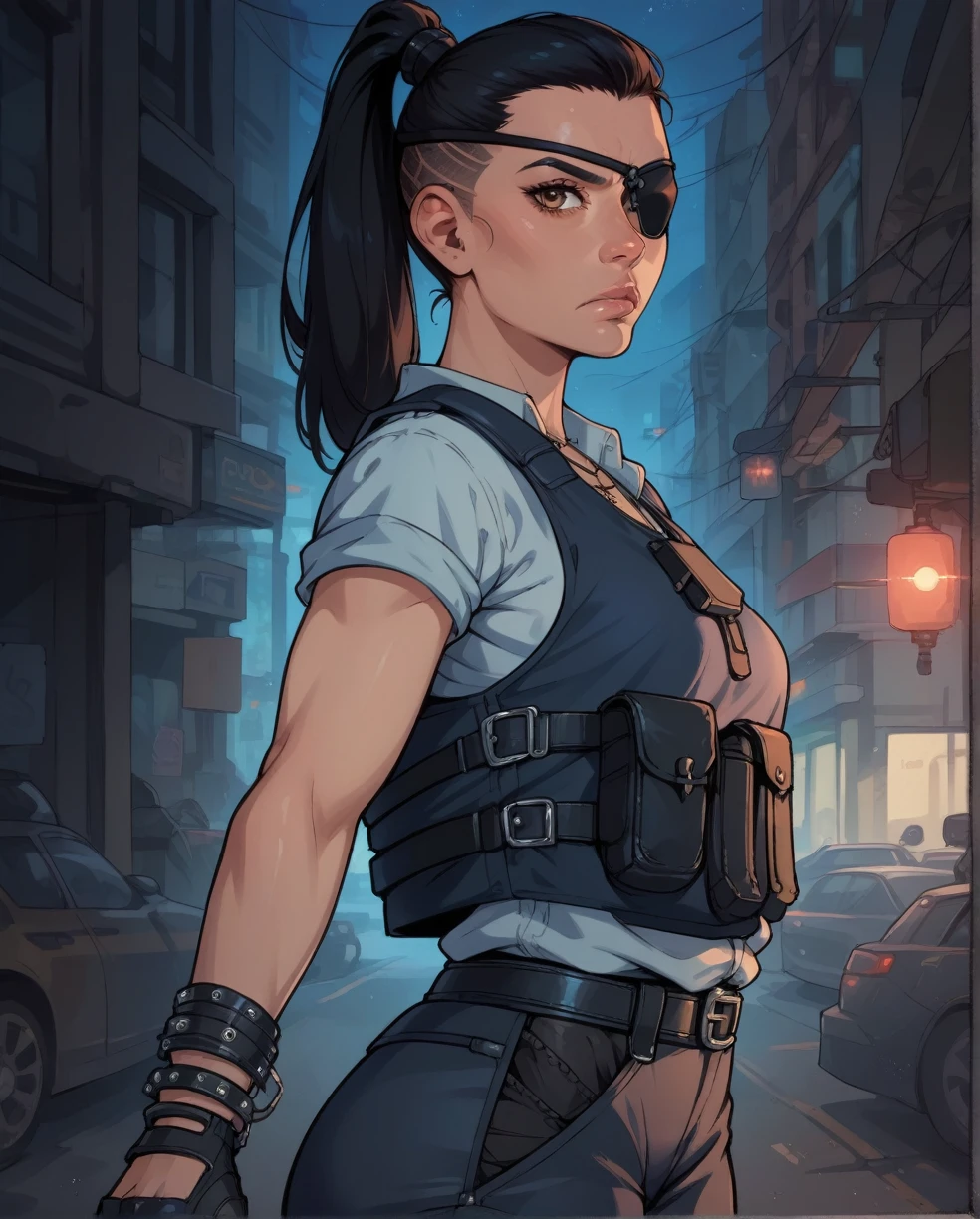 score_9,score_8_up,score_7_up, Regina,brown eyes,black eyepatch on right eye,black hair,ponytail,undercut, small breasts, fit toned body, wide curvy hips, big ass, police shirt,vest,cross necklace, fingerless gloves, underwear, holsters, waist belt, belt with pouches, night,police office,science fiction,standing, serious expression, looking at viewer, from the side, solo, 