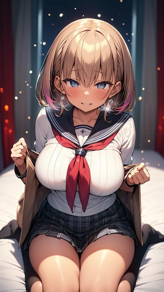 score_9, score_8_up, score_7_up, source_anime,1girls,chisato nishikigi, short hair, bangs, blonde hair, red eyes, hair ribbon, one side up, bob cut, smile, shirt, long sleeves, dress, ribbon, white shirt, collared shirt, belt, neck ribbon, (red dress), blue ribbon, pleated dress, grey dress, two-tone dress, red belt, lycoris uniform, large breasts, half updo, japanese style room, tatami, futon, night, 1boy, paizuri, , facial, seductive smile, steam, (sound effects), uncensored, motion lines, trembling,((open shirt)),uncensored,rating explicit,penis,(motion blur around breasts with titsjob:1.38), pov, open mouth