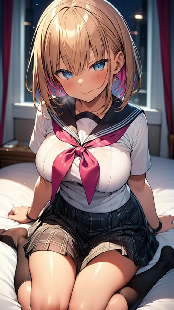 cute gyaru,plump body,sleeping happily,pubic hair,cum in pussy,lying on black bed,tanned skin,sweaty,humid,open mouth,(dark room),vaginal penis,having sex,straight hair,wet skin,bukkake,bow tie,school navy cardigan,checked pleated skirt,white frilled undies,excessive cuw