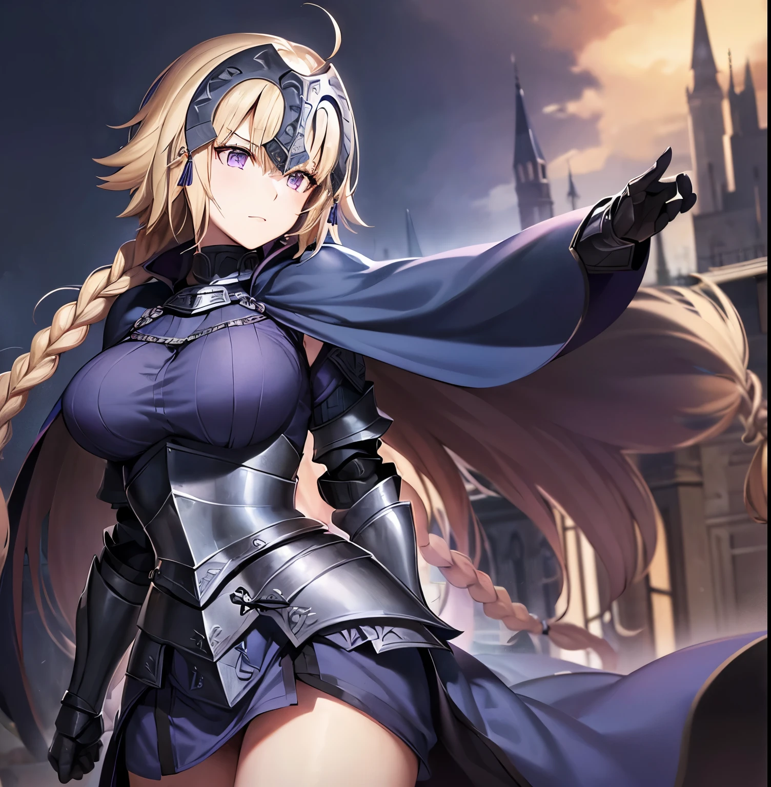 ((1girl)),((alone)),jeanne_d'arc, \( Fate\),(masterpiece), (best quality), (ultra detailed), (best illustration), (best shadow), (absurdities) , sharp focus, cowboy shot, atmospheric perspective, depth of field, dynamic posture, ((looking at viewer)), large breasts, narrow waist, wide hips, medium thighs, round butt, erotic, romantic, (highly detailed eyes, lips 1.1), highly detailed eyes, eyes, Highly detailed face, Very beautiful face, Symmetrical face, Aesthetic face, perfect face, perfect eyes, detailed eyelashes: 1.5), full height, beautiful slim figure, femininity, expressive appearance, big breasts elastics, sexuality, parted lips, white and light skin, ((blond hair: 1.4)), ((long hair)), simple braid, ((long braid: 1.3)), ((blue cape: 1.2)),( (blue shirt:1.3)), armor, ((armored dress:1.4)), blue dress, ((gauntlets:1.2)),armor, dress_armor, cloak, dress, faulds, flag, thighs, holding, weapon, (( black thighs)), ((purple eyes:1.4)), long braid, sword ,curves, defined body,Perfect and beautiful body, perfect and beautiful, calm look, closed mouth,((stoic expression)),blushing,(sexy pose: 1.2), ((solo)), standing: 1.3,((exterior , medieval landscape,green moor,trees, castle,catapults, medieval battlefield,debris,weapons,rainy landscape,clouds,)), Looking back,from behind,((focus on rear :1.4)), point view: (from below), perfect anatomy, perfect hands