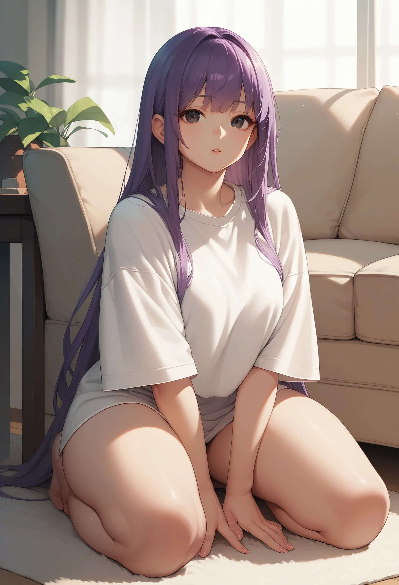 score_9, score_8_up, score_7_up, score_6_up, uncensored, quinella, absurdly long hair, purple eyes, long hair, parted bangs, tongue out, saliva, purple hair, very long hair, hair ornament, horny face, blush face, lips, naughty face, shiny skin, sweating, steaming body, saliva, curvy, voluptuous, heavy breathing, large breasts, detailed body, detailed eyes, w-w-chain, spread arms, messy hair, white shirt, jeans pants, dungeon, best quality, best res, 4K UHD,