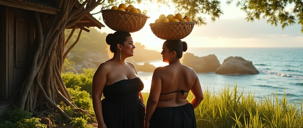 Three plus size model women are obese and overweight with a lot of belly fat, they have gained weight by eating too much, they are obese plus size models with very big bellies, their bellies are big and bulging and covered with a lot of fat, they have saggy bellies and tattoos around their navels, they are eating BBQ by the beach, 4K quality, low angle