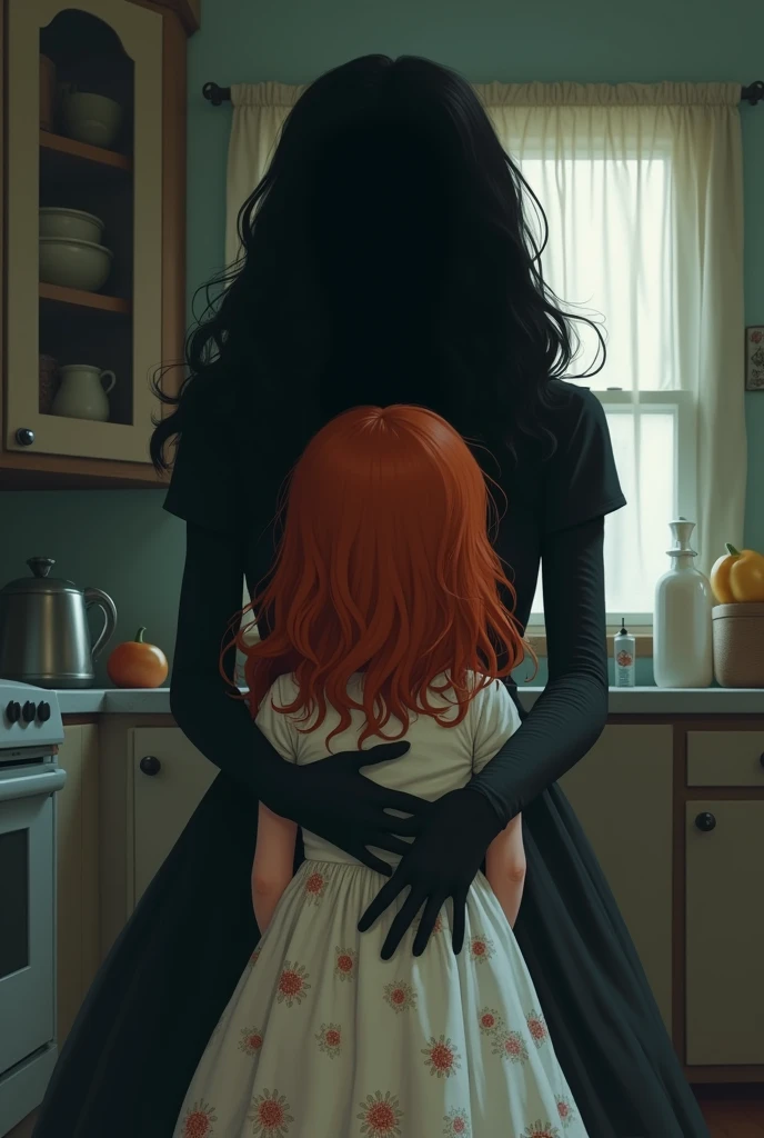 little red-haired girl with long hair, wavy and blue eyes, a flowery dress and an expression of fear, behind him there is a shadow woman who holds the girl tightly in a kitchen, leave the redhead turned around looking at the shadow of a woman