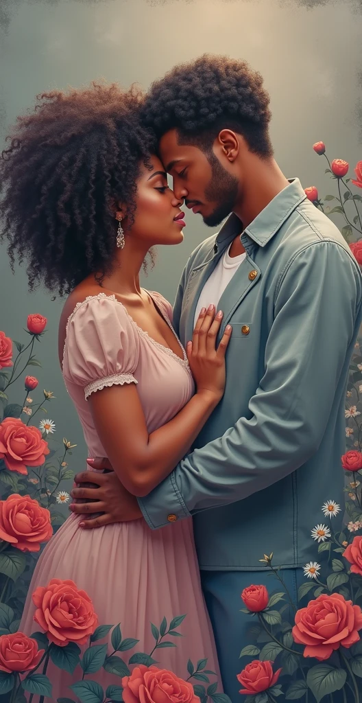 photorealistic, African American couple, kissing, beautiful, dark skin, sexy, (Best quality, 8k, 32k, Masterpiece, UHD), no bra, no shirt, naked, 32K wallpaper, romantic background, big ass, voluptuous, thick body figure, big lips, glowing skin, nighttime, candles and roses around, sweaty, dripping wet, passion, affectionate, hearts floating everywhere