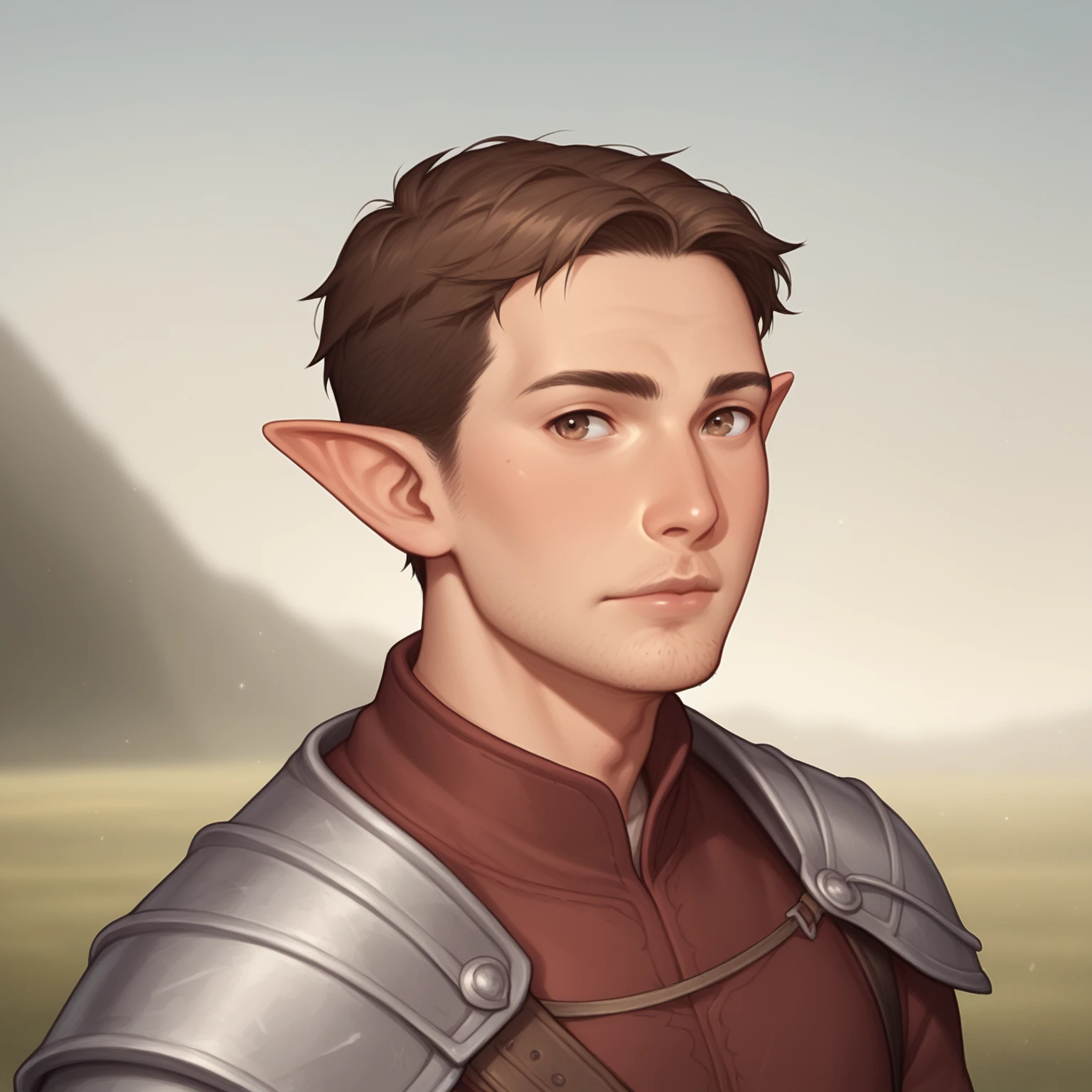 (((high quality, perfect eyes, comics style, detailed face))), score_9, score_8_up, score_7_up, BREAK, bust shoot view, solo, 1man, half-elf, brown hair, young, wide neck, short pointed ears, warrior, stubble, upper body, happyness expression, tundra background, fantasy outside, blurred background, Expressiveh, detailxl