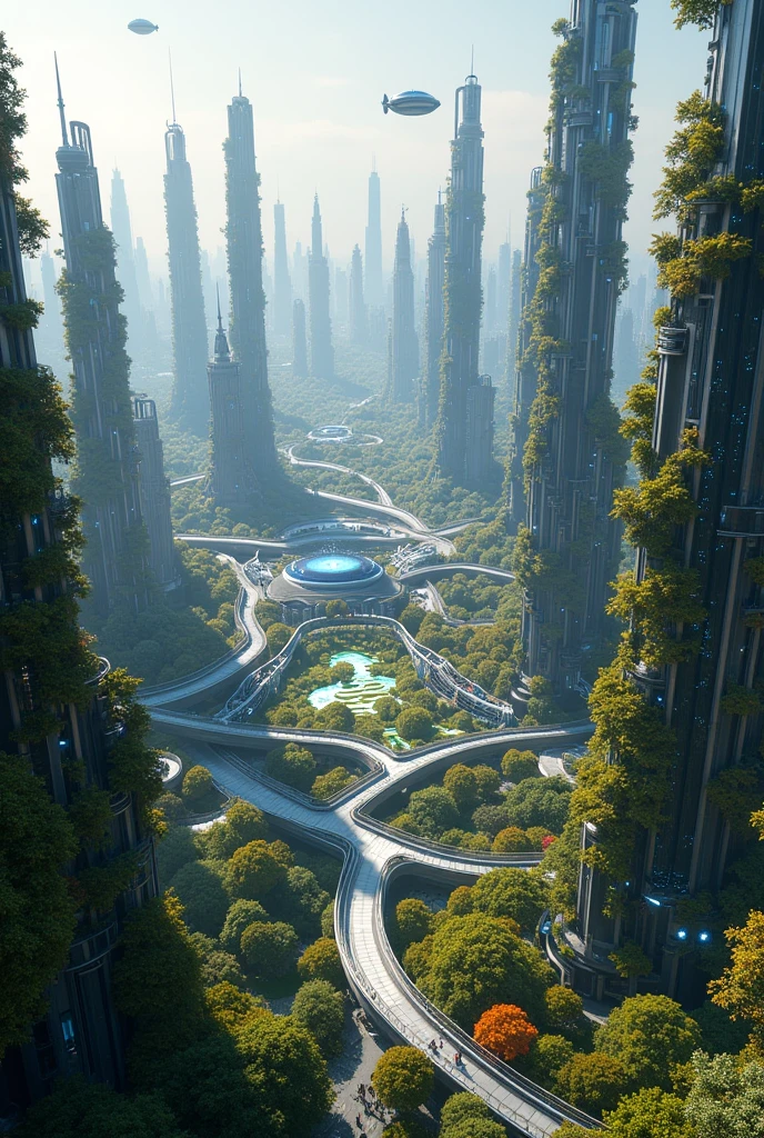 A breathtaking bird's eye view of a futuristic city sprawling across ...