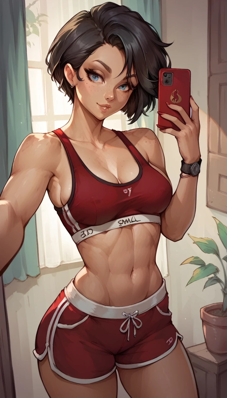 female ,black  hair, short hair, woman, smal breasts, attractive, red sports bra,red shorts , skinny body , freckles, she is sttanding ,  she is taking a selfie