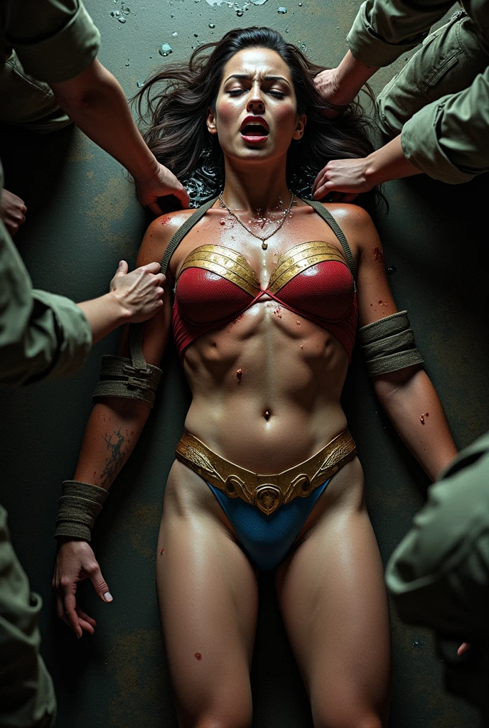 Wonder Woman (bend over) , spread leg, tied by thugs, (crowded), (mans in background try to tied her:1.2), tied, bound, (Wonder Woman with skirt:1.3), (Restrained:1.5), BDSM, (two man tied her up:1.2), (long shot angle) , (dress up) , unnaked, (ropes all over body), (eyes up), (painful), head down, (terrify:1.1), scream, (angry eyebrow)