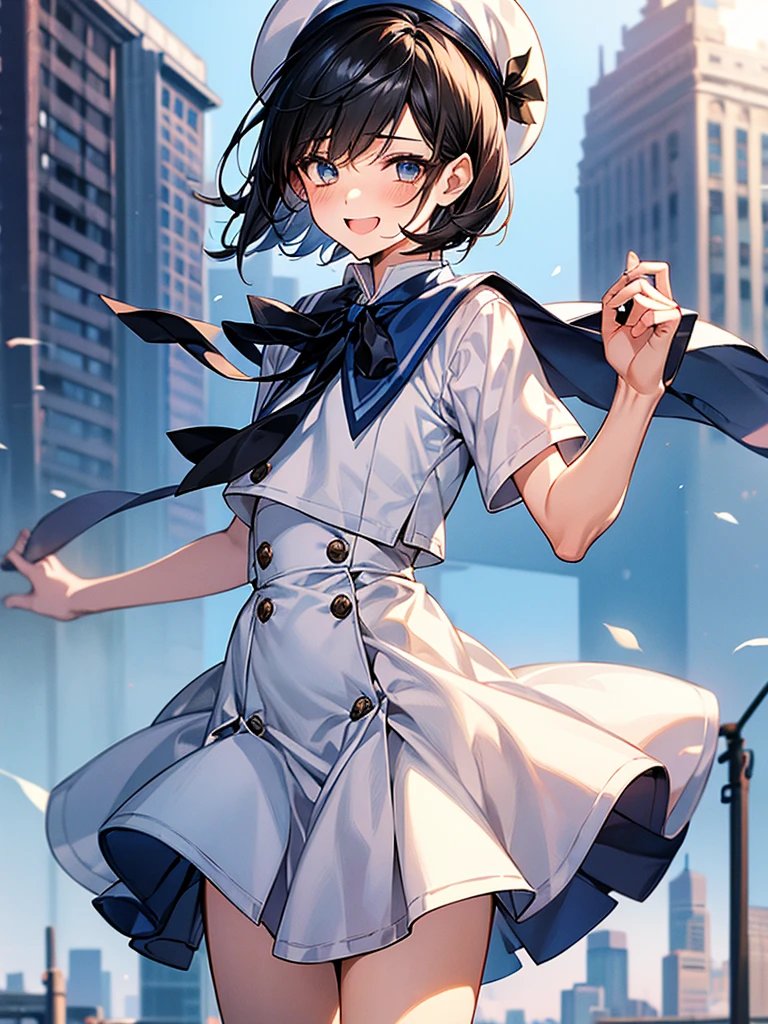 Best Quality, 1boy,Androgynous male,Flat Chest,Black Hair,Short Bob Cut,White and light blue sailor uniform,Hat with ribbon,Mini skirt dress,Short sleeve,Laugh shyly, wind,smile,blush, Character Portrait, Shooting in the city