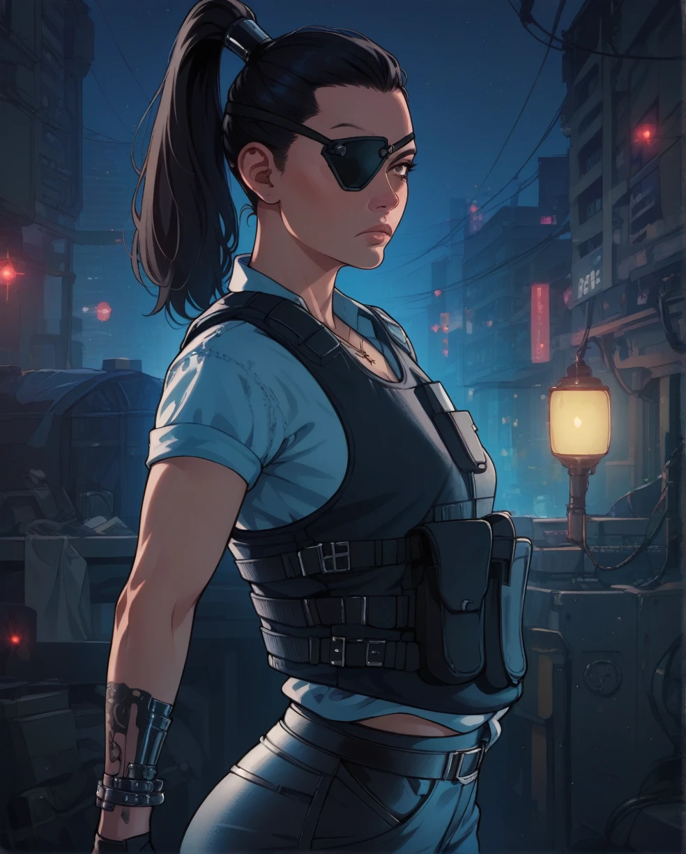 score_9,score_8_up,score_7_up, Regina,brown eyes,black eyepatch on right eye,black hair,ponytail,undercut, small breasts, fit toned body, wide curvy hips, big ass, police shirt,vest,cross necklace, fingerless gloves, taisoufukuR, holsters, waist belt, belt with pouches, night,police office,science fiction,standing, serious expression, looking at viewer, from the side, solo, 