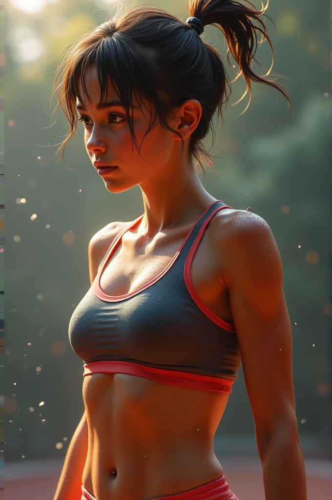 (best quality,highres,realistic:1.37),ponytail hairstyle, steamy atmosphere, (ample bosom:1.1), (prominent mole:1.1), glistening skin, (detailed sweat:1.1), (dripping sweat:1.1), wet white tank tops, (showing armpit:1.1), rising hands, nape