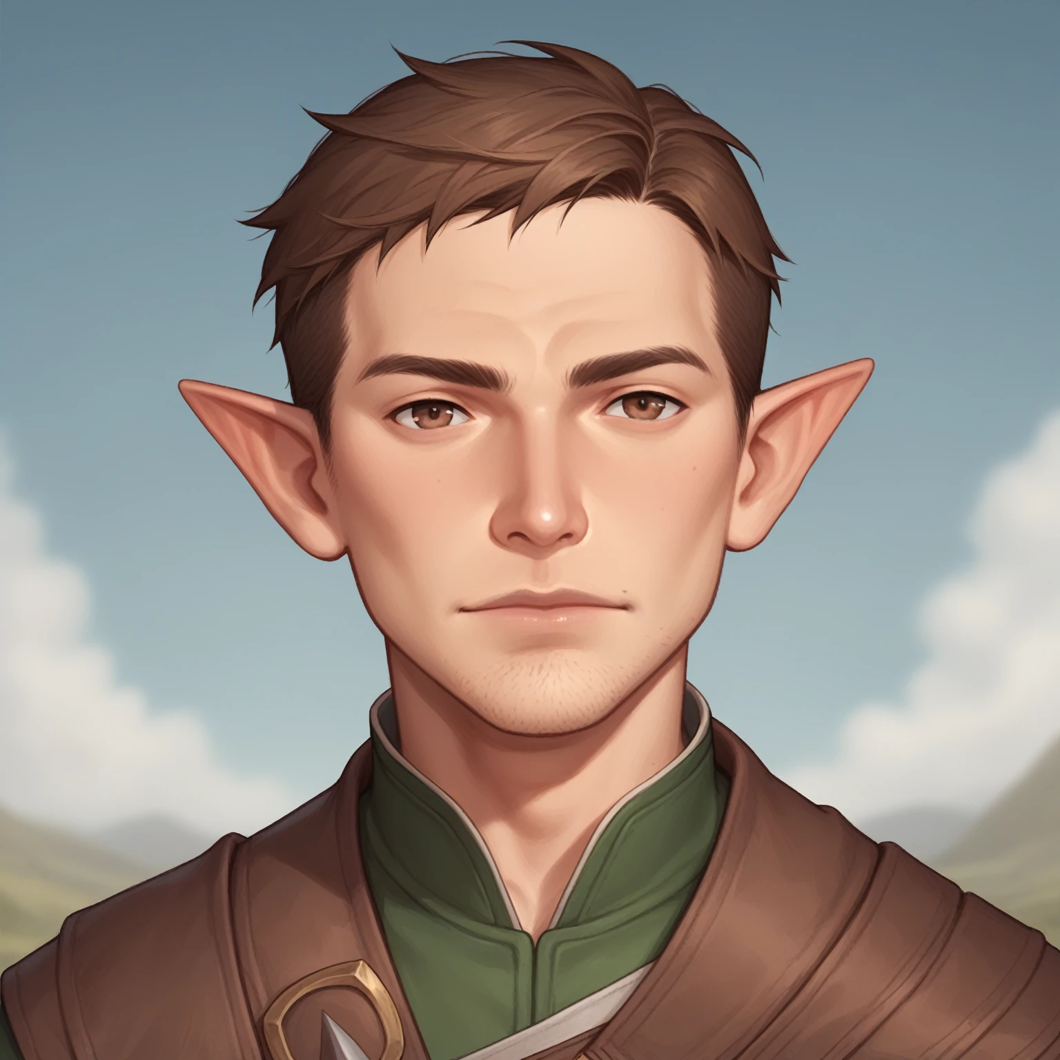 (((handsome, high quality, perfect eyes, comics style, detailed face))), score_9, score_8_up, score_7_up, BREAK, bust shoot view, solo, 1man, half-elf, brown hair, young, wide neck, short pointed ears, warrior, stubble, upper body, happyness expression, tundra background, fantasy outside, blurred background, Expressiveh, detailxl