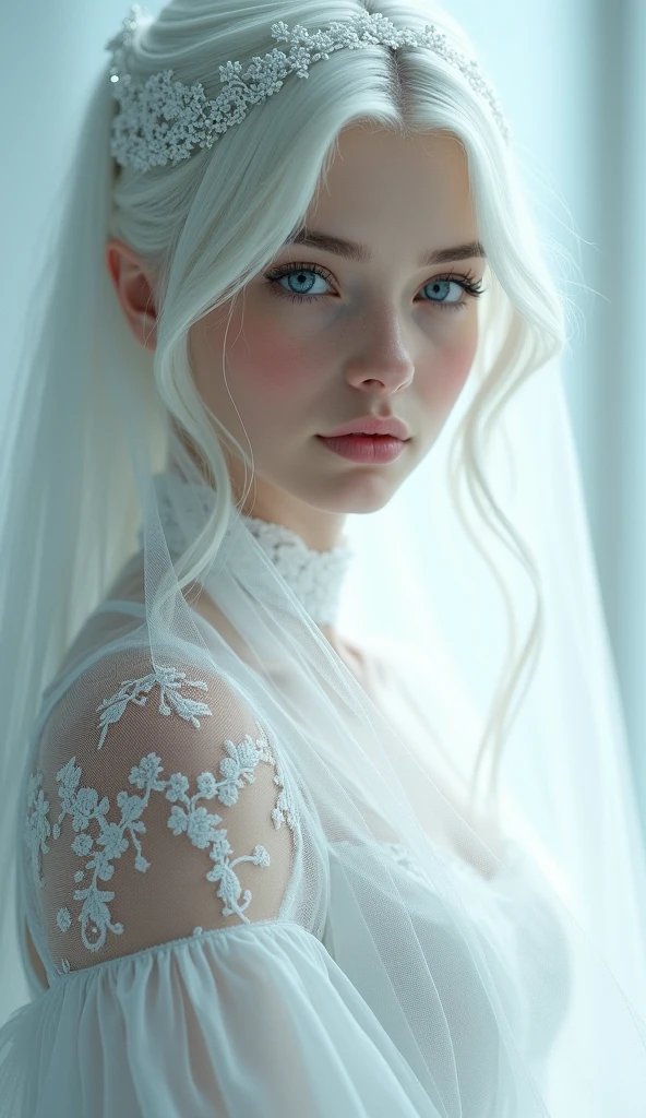 The contrast between the art of the woman's glass form, her hair shiny with nylon threads, her dress-like outfit made of plastic, and her milky skin enhanced by bold and alluring makeup evokes a sense of daydreaming, a surrealism wrapped in delicate precision, all wrapped up in a 3D renderings and depicted through the lens of Octane. Highest quality images, ultra-high resolution. By Monique Moro.