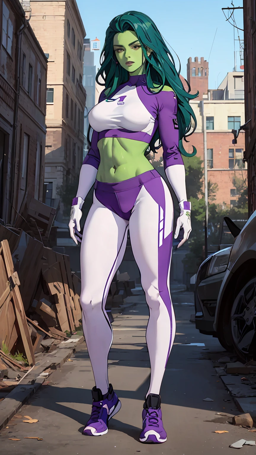 ((full body shot, standing, feet on the ground)) (Highly quality, masterpiece, detailed), Destroyed city detailed scenario, Destroyed detailed background, 20 years old girl, CARTOON_shehulks_bodysuit_ownwaifu, solo, Green skin, Dark Green hair, Colored Skin, Purple/White top, Leather top, Purple/White pants, Leather Pants, Crop top, Purple/White Sleeves, Long Sleeves, Purple/White Gloves, Navel, Angry, beautiful eyes, perfect eyes, looking at the viewer, Sexy pose