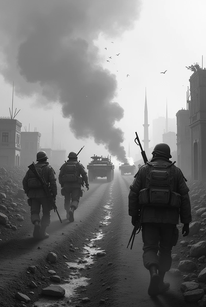 War correspondent，Male characters，Holding the camera in hand，Take a close-up of a part，Focus your gaze，Stabilize hand tremors，A battlefield environment full of fire and smoke。