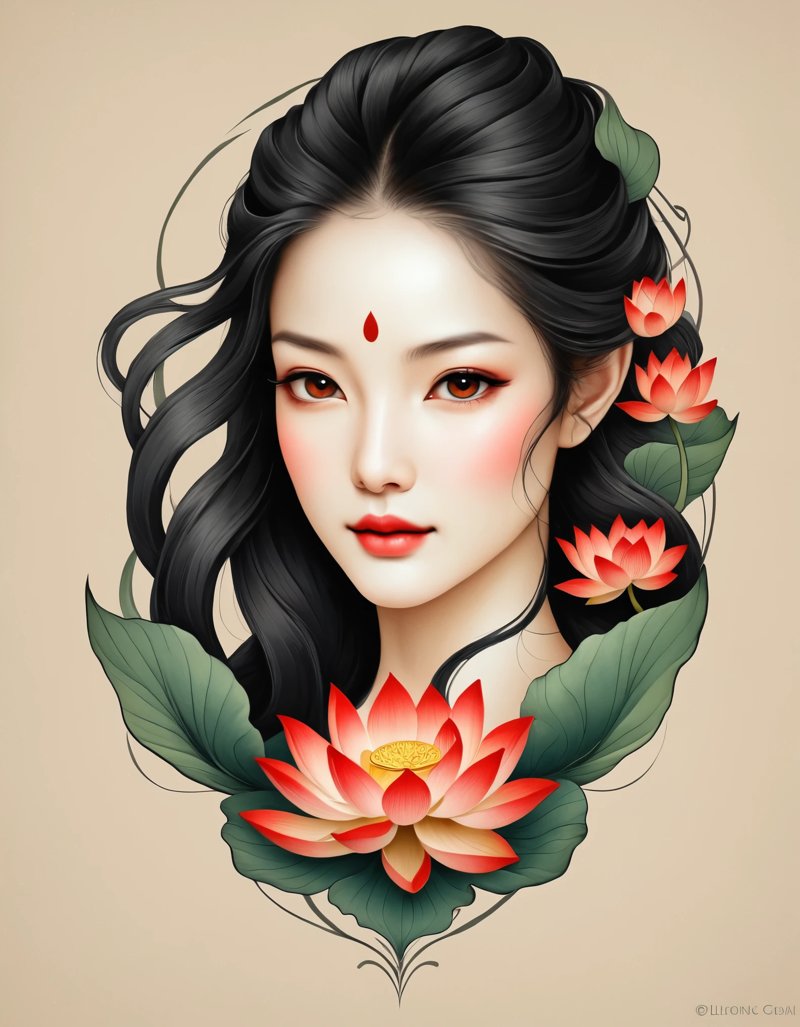 Modern minimalist art，（Close up of a woman with a lotus tattoo on her neck）,This woman has a delicate and charming face，long black hair，（Transparent lotus tattoo on neck：1.3），Flowing Hair Vignette，Beautiful face，red fox, delgado, beautiful eyes， elegant digital art, beautiful digital illustrations, beautiful figure painting, 