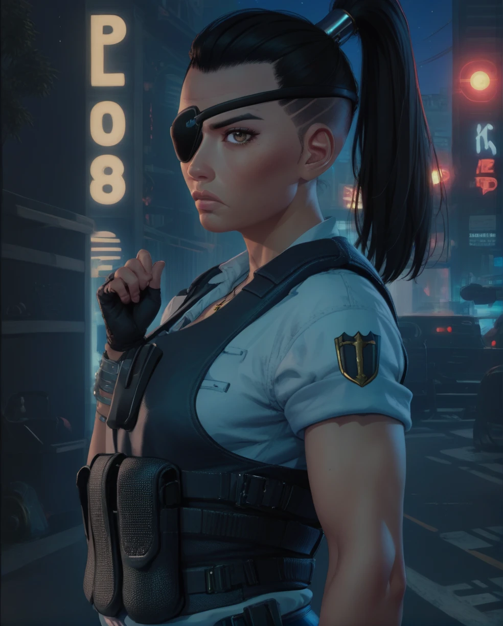 score_9,score_8_up,score_7_up, Regina,brown eyes,black eyepatch on right eye,black hair,ponytail,undercut, small breasts, fit toned body, wide curvy hips, big ass, police shirt,vest,cross necklace, fingerless gloves, gym unifrom, taisoufukuR, holsters, waist belt, belt with pouches, night,police office,science fiction,standing, serious expression, looking at viewer, from the side, solo, 